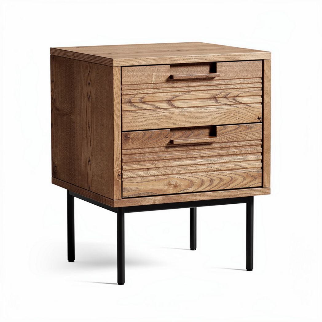 Houten nachtkastje met drie lades en metalen poten 50 x 40 x 60cm