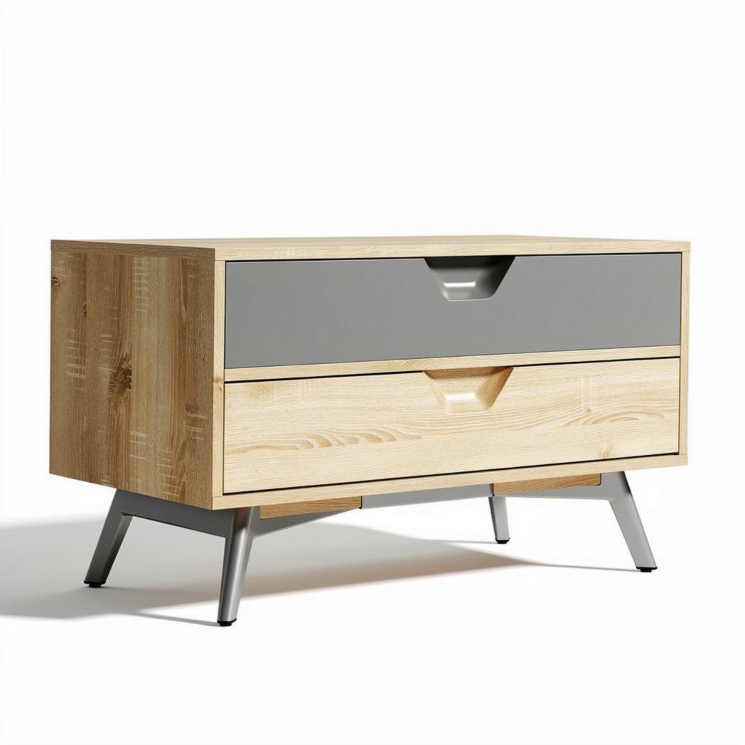 Houten ladeskast met grijze fronten en metalen poten 80 x 40 x 50cm