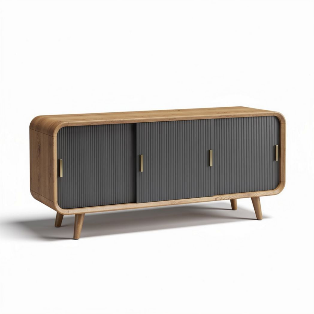 Bamboe dressoir met grijze deuren en afmetingen van 150 x 45 x 75cm