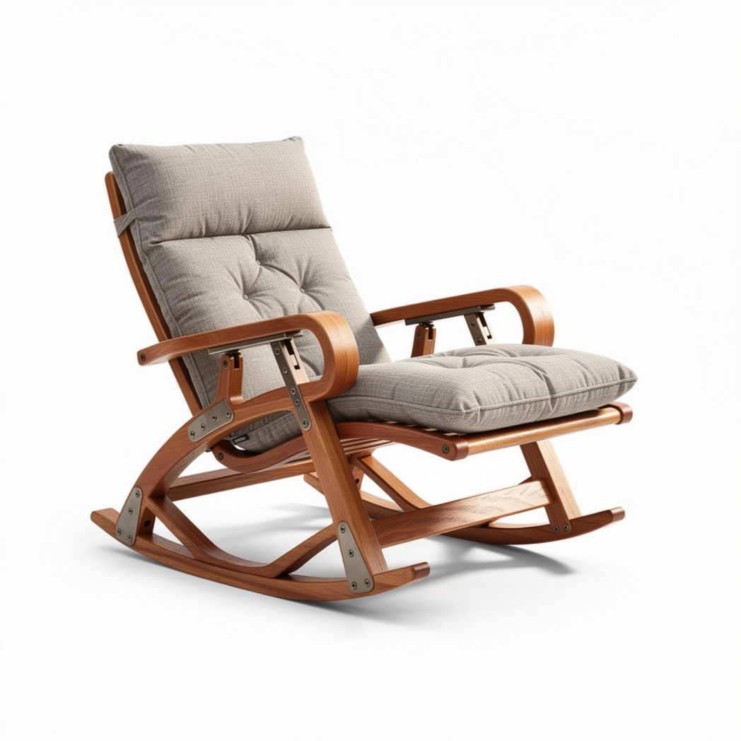 Houten schommelstoel met stoffen kussen 88 x 70 x 100cm beige