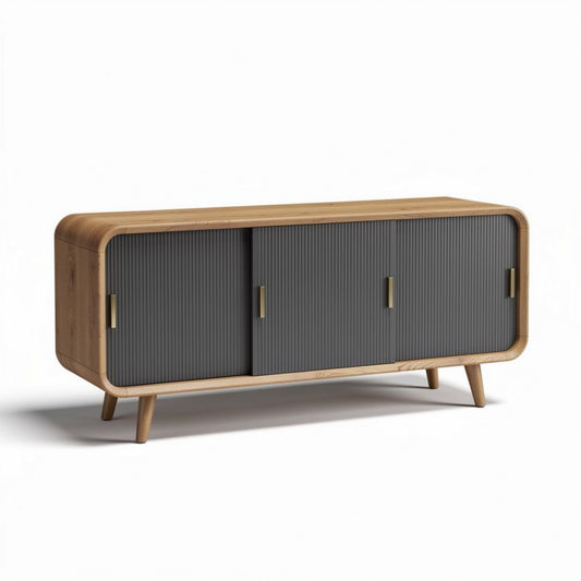 Bamboe dressoir met grijze deuren en afmetingen van 150 x 45 x 75cm