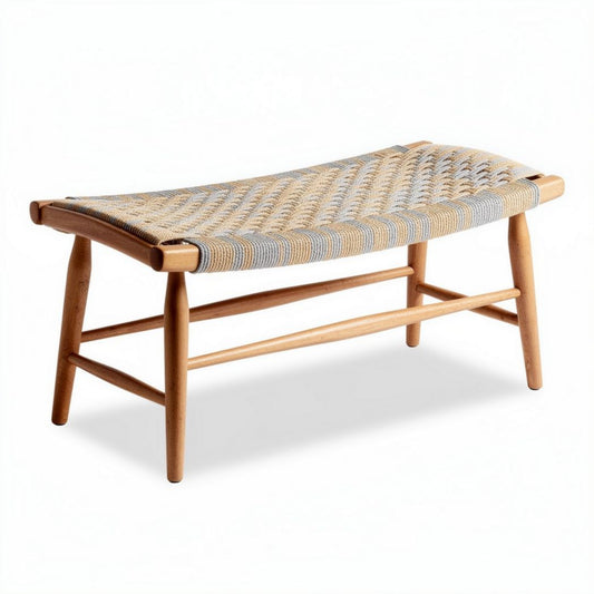 Houten voetenbankje met gevlochten zitting 80 x 30 x 40cm beige bruin
