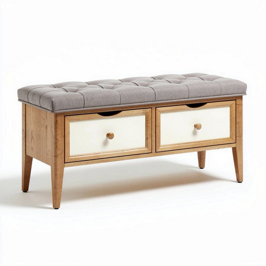 Houten bank met gestoffeerde zitting en twee lades 110 x 40 x 45cm
